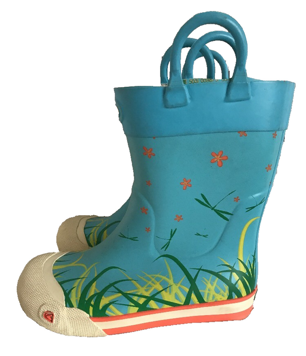 KEEN Coronado Blue Rain Boots Youth Kids 3 Rubber Mud Boots DragonFly Flower